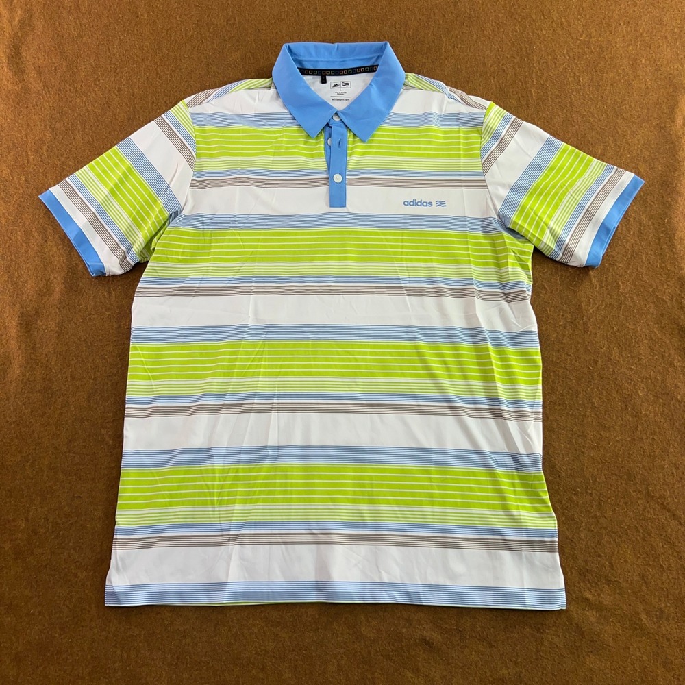 Adidas Mens Large Multi Color Striped Short Sleeve Golf Polo Shirt